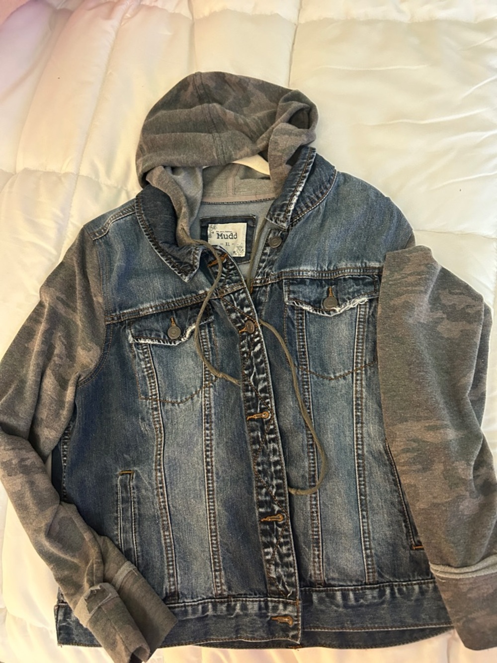 Mudd Blue Denim Jacket with Gray Hood and Sleeves